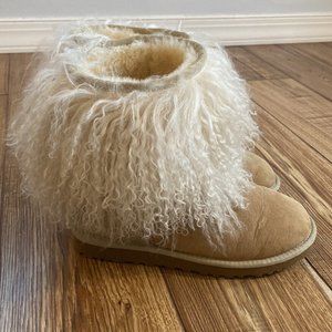 UGG Mongolian Hair Boots Beige Suede Sheepskin Size 6, 37